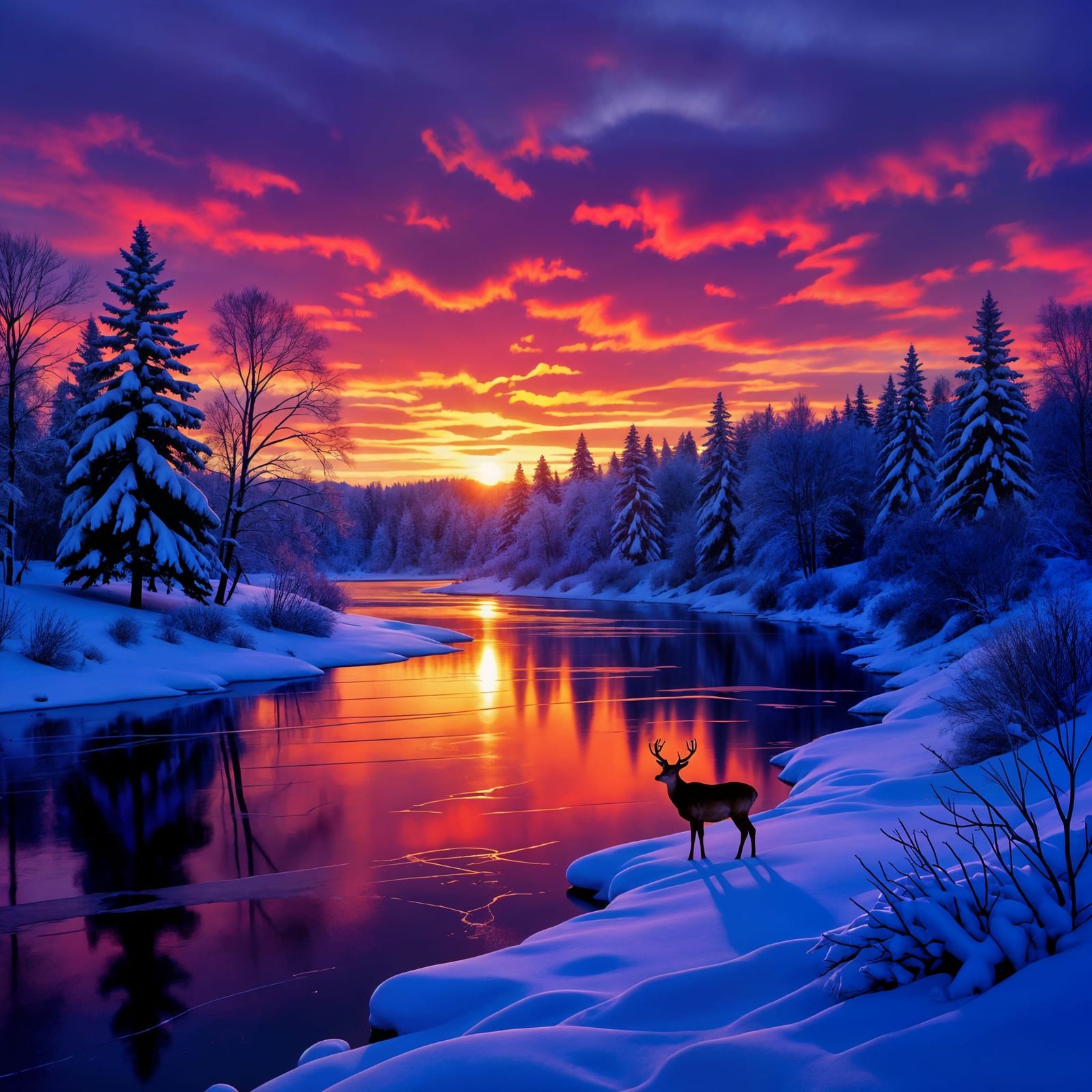 Fiery Twilight Sky Over Snowy Riverbank with Deer