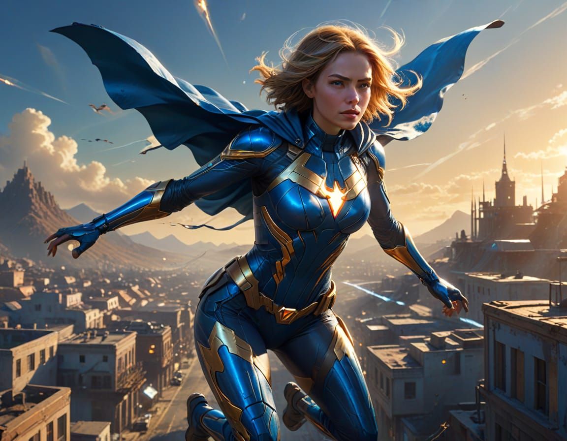 Android super hero lady of the day flying above the troubled...