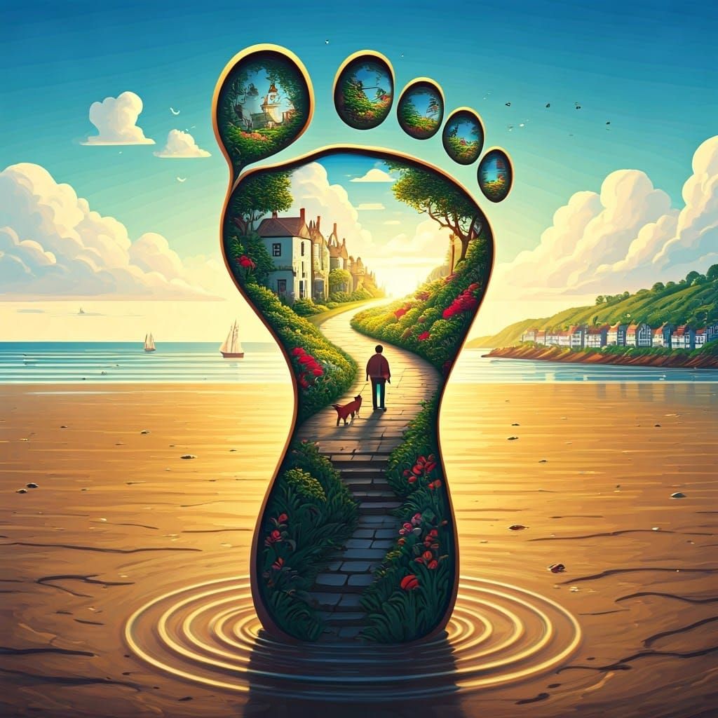 Giant Footprint on the Coast: A Whimsical Illustration