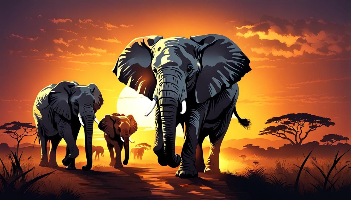 Elephant and Baby at Sunset: Digital Art