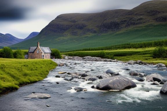 Scottish Cottage in Glen with River and Mountains