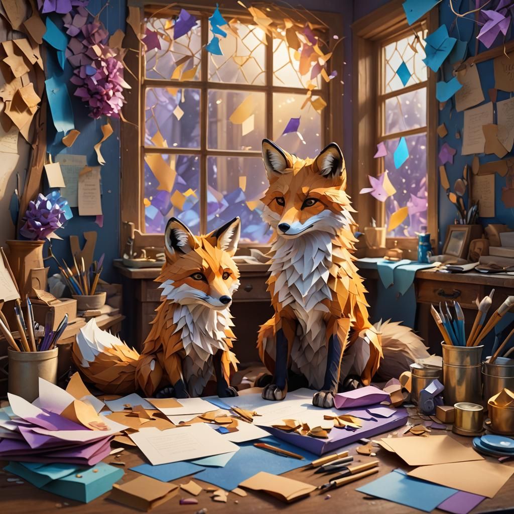 Fox Creating Paper Crafts: Whimsical Fantasy Art