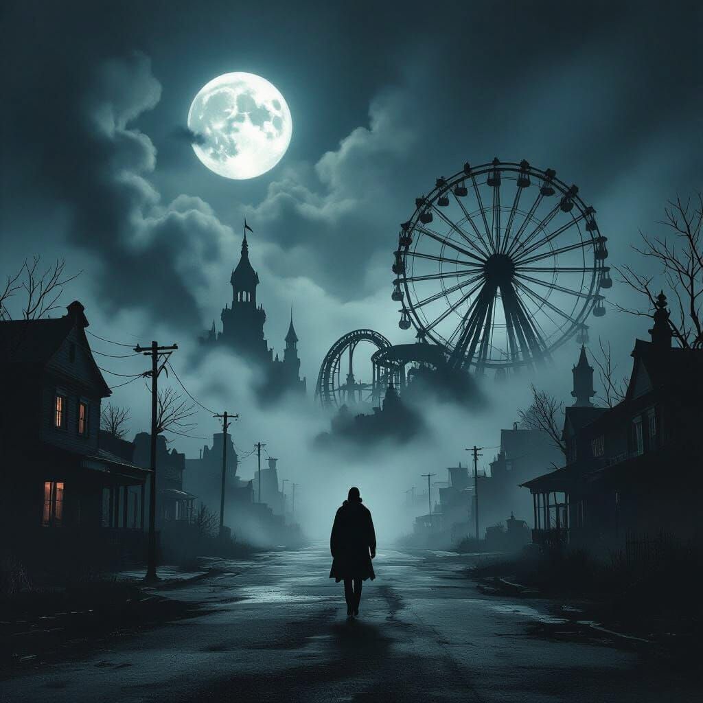 Gothic Horror: Figure in Abandoned Town Under Moonlight