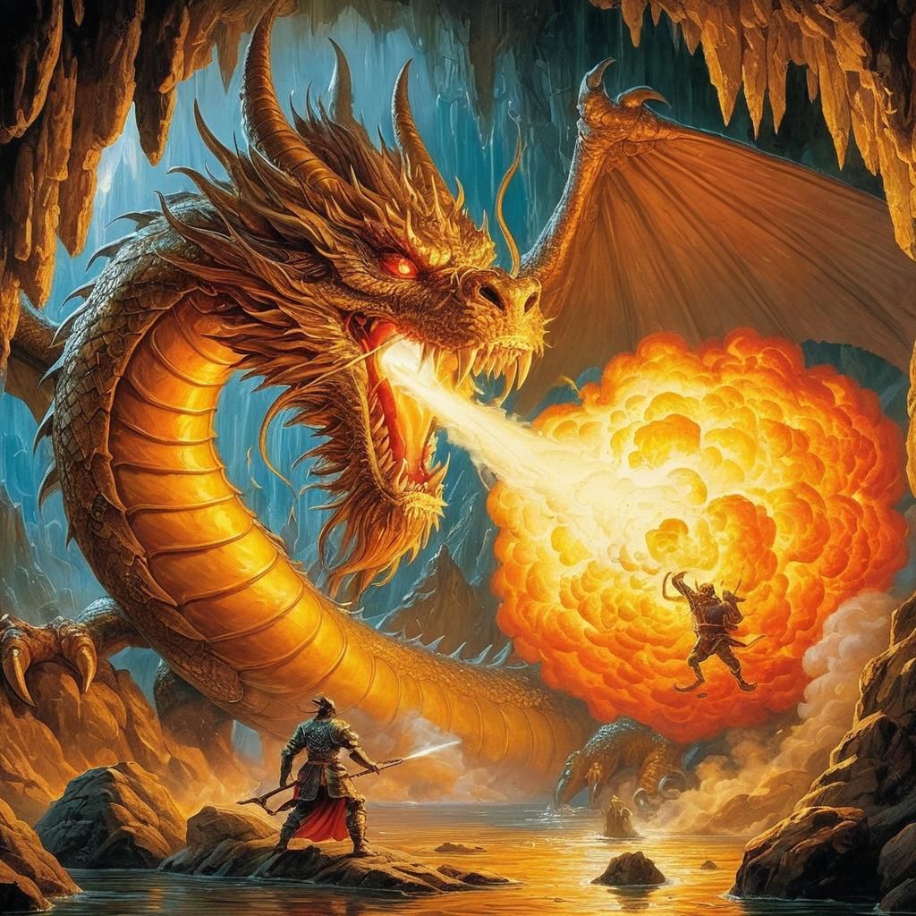 Gold Dragon Gas Attack in Classic Fantasy Art
