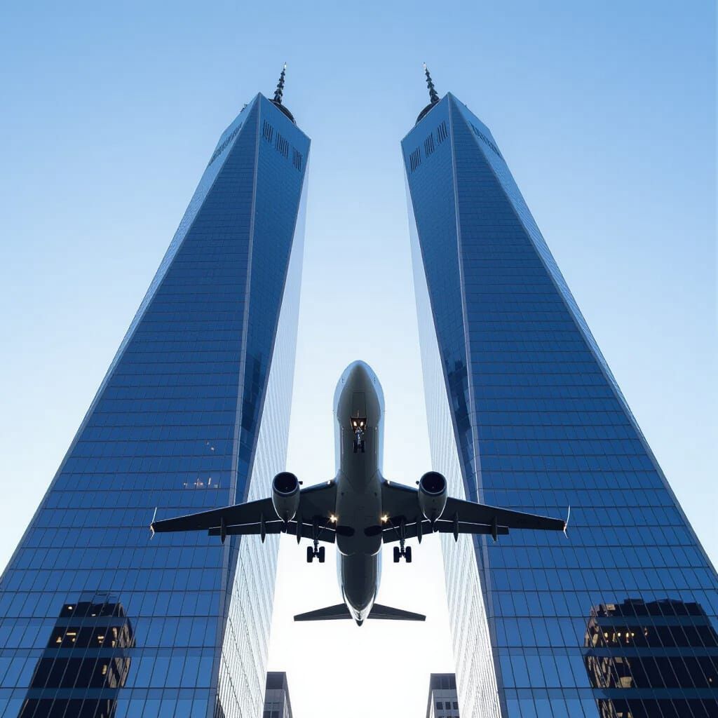 Airplane Approaches Skyscrapers in Dramatic Photographic Sce...