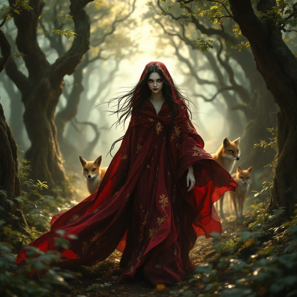 Ethereal Witch Emerges from Mystical Forest with Whimsical R...