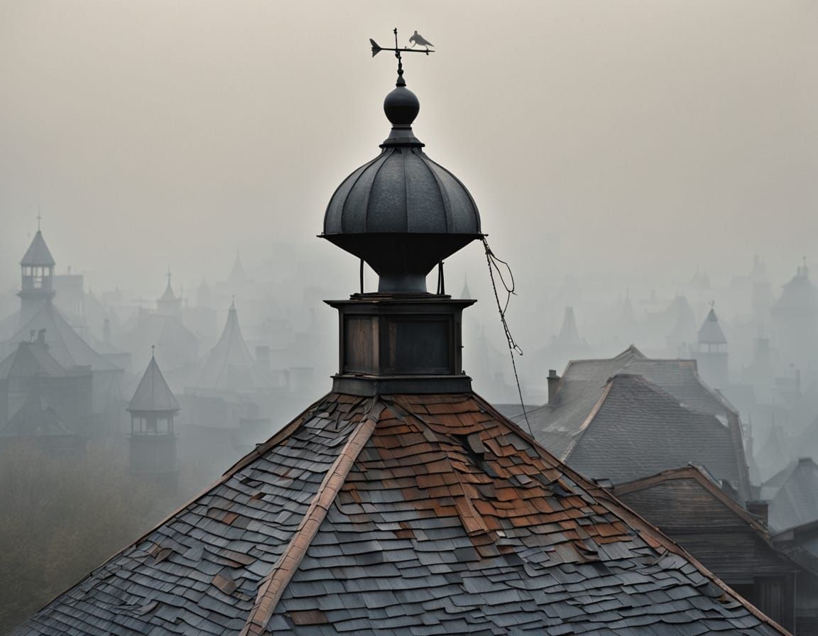 Atmospheric Rooftop Scene with Weathered Weathervane