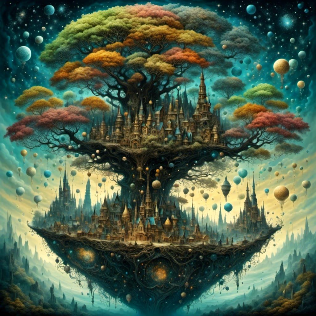 Breathtaking Floating World with Cosmic Entities