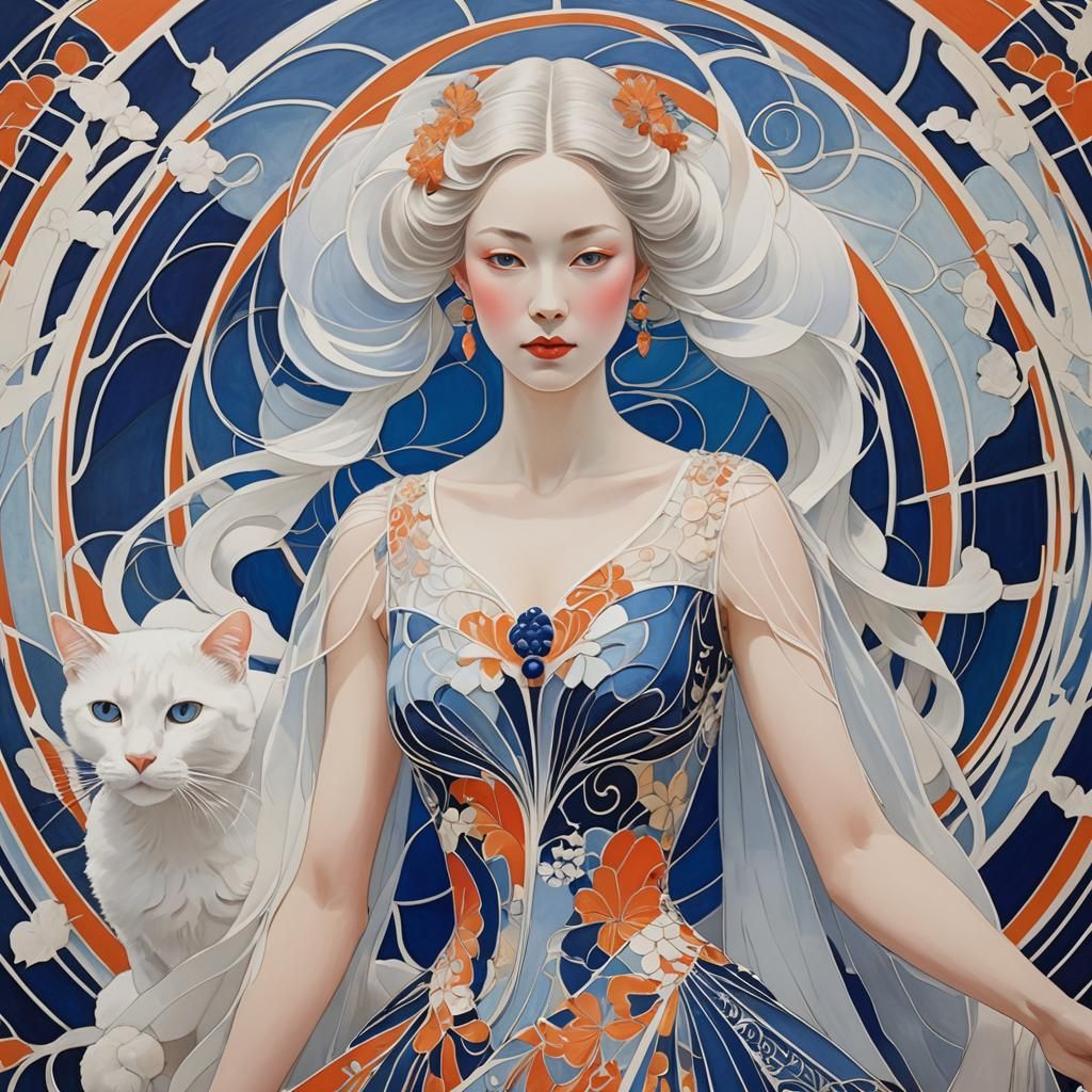 Elegant Lady with Cat in Art Nouveau Style