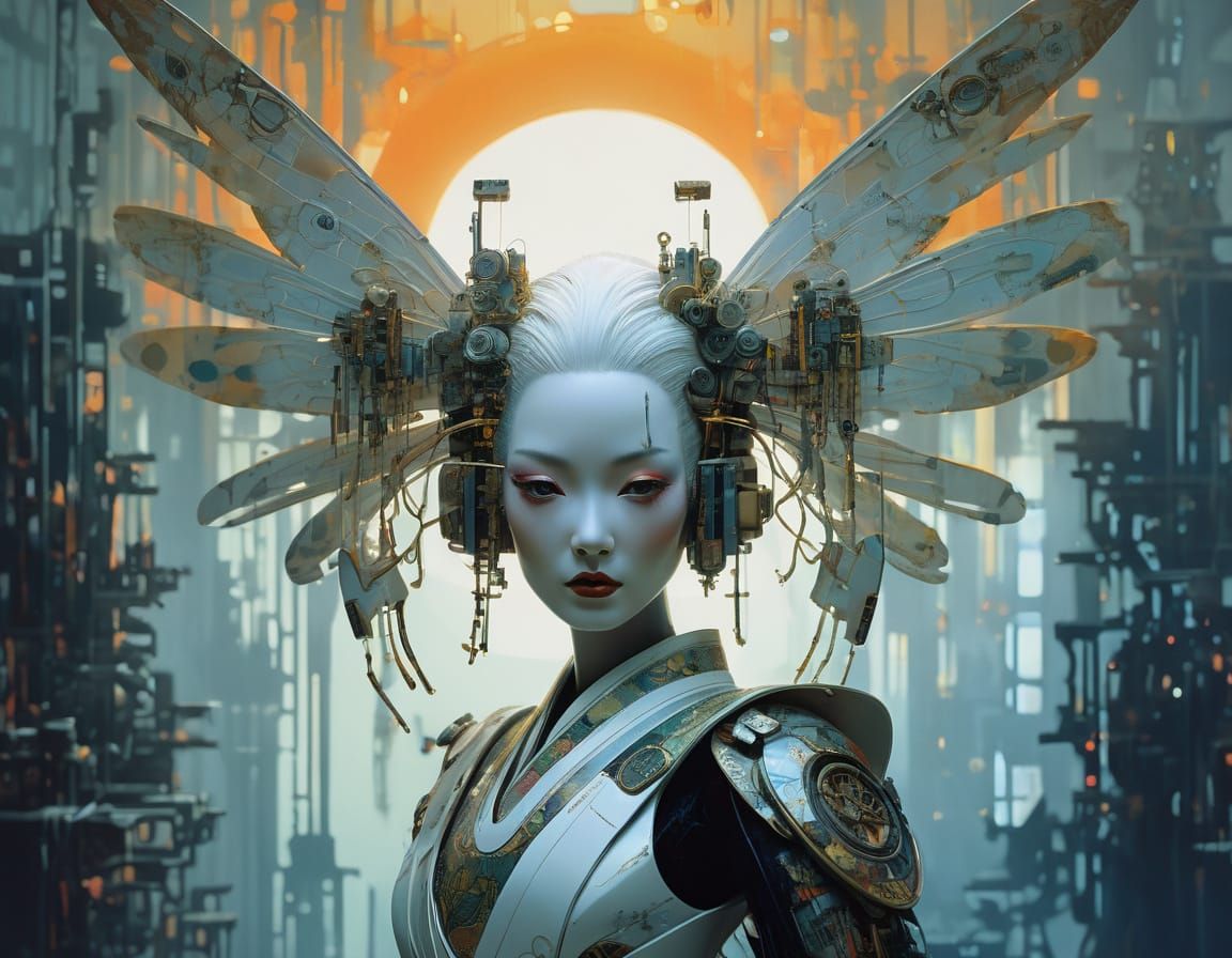 Android Geisha Portrait in Futuristic Repair Shop