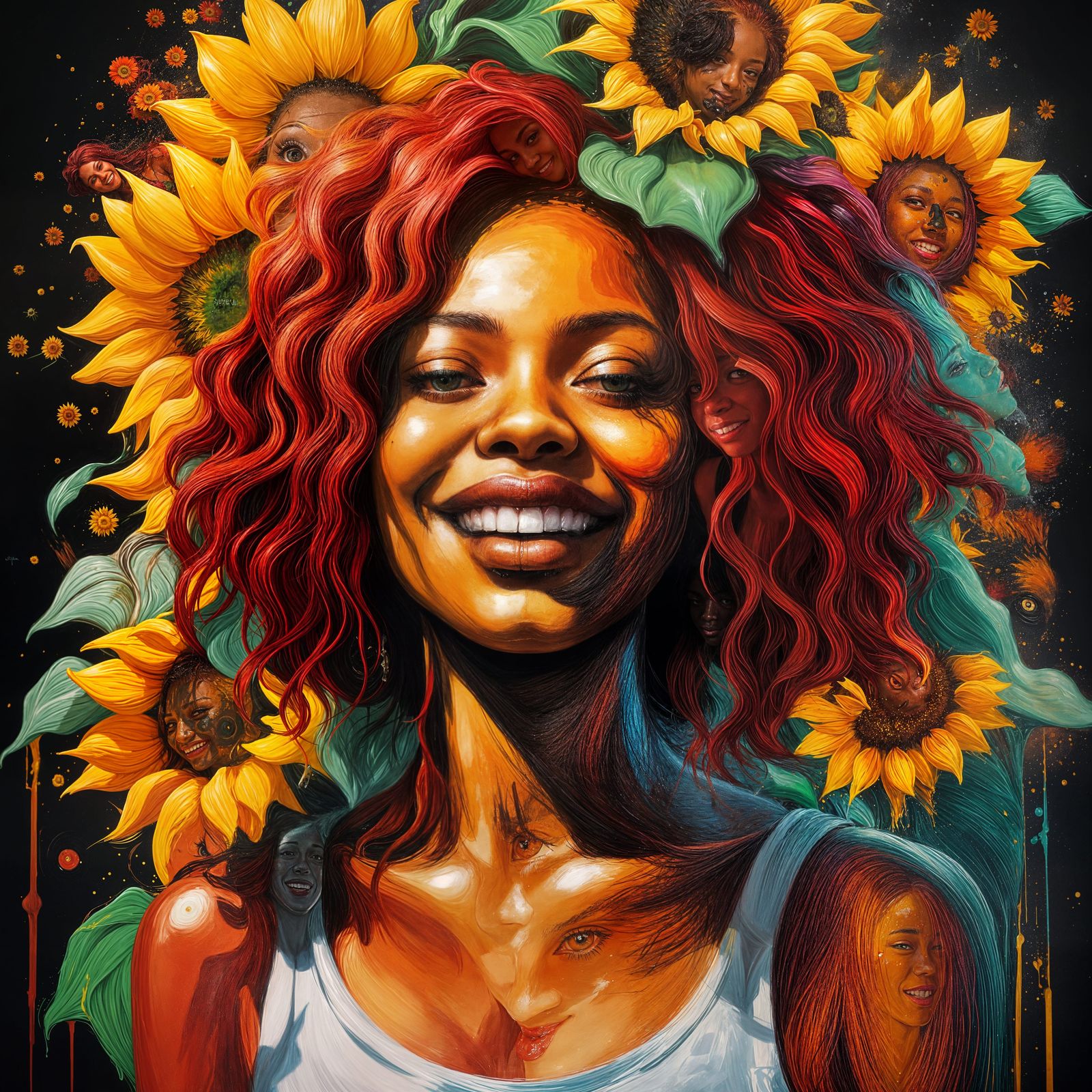 Black Woman Surrounded by Sunflowers in Graffiti Style