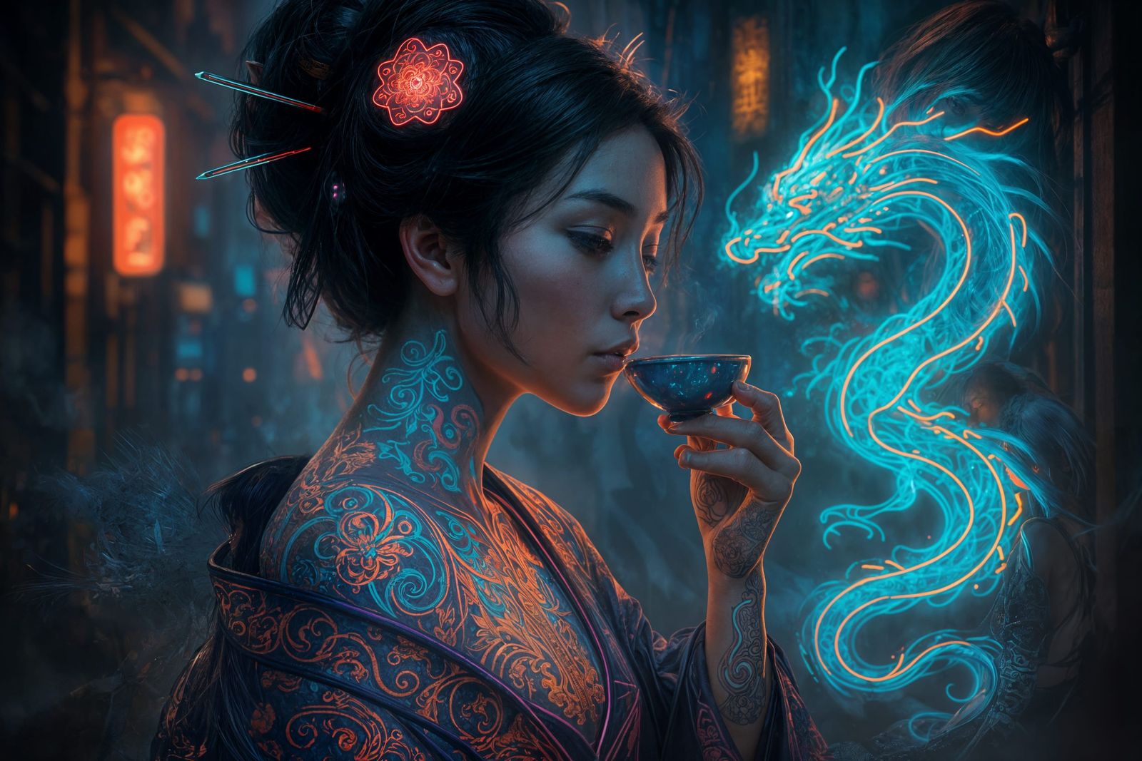 Cyberpunk Geisha in Neon Glory