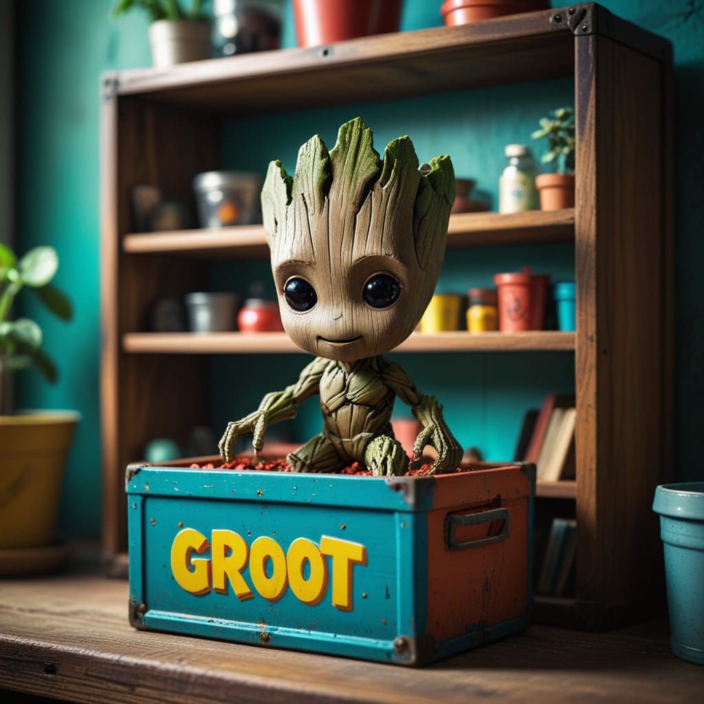 Retro 80s Action Figure Box with Vintage Groot Toy
