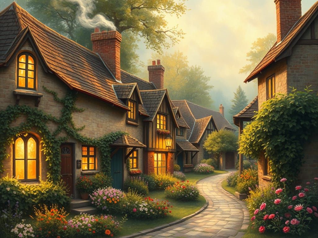 Cozy Village Scene in Warm Golden Light