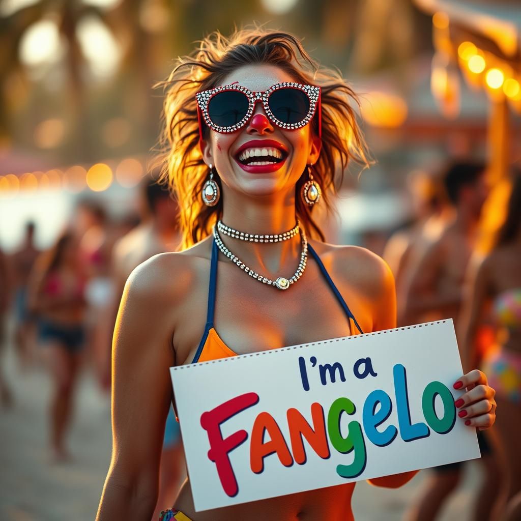 Woman in Gem-Encrusted Clown Makeup at Beach Party
