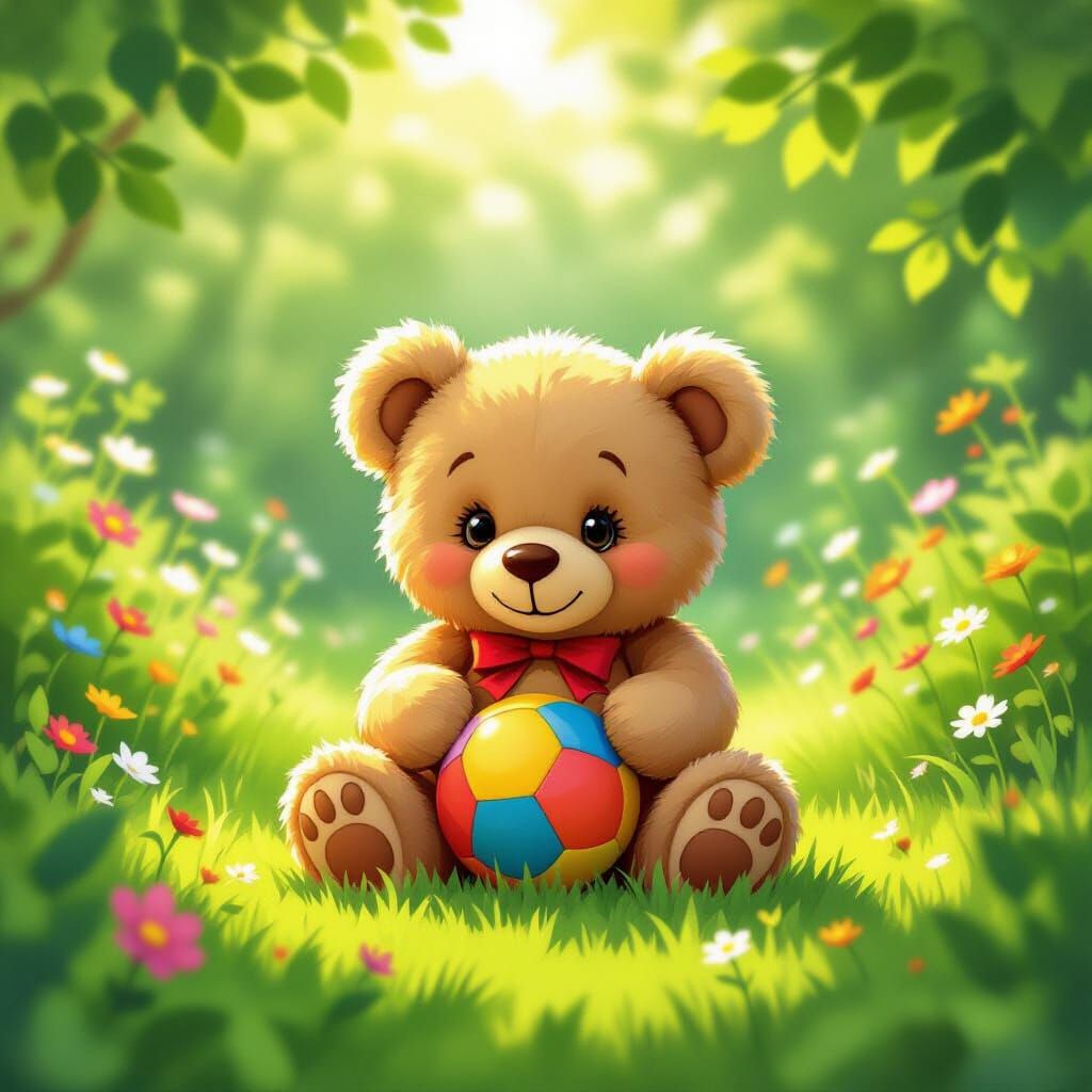 Cute Cartoon Teddy Bear Plays Ball in Sunny Garden