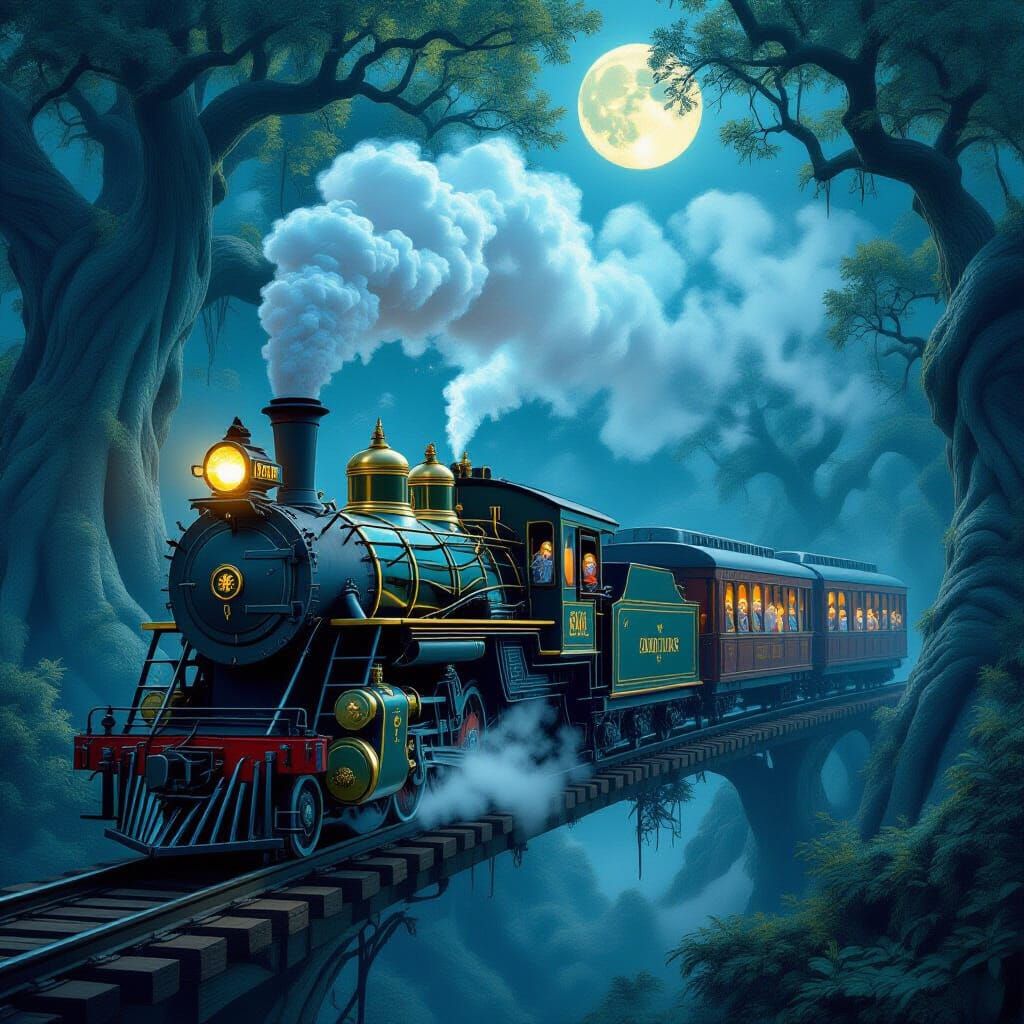Whimsical Steam Train in Enchanted Forest Moonlight