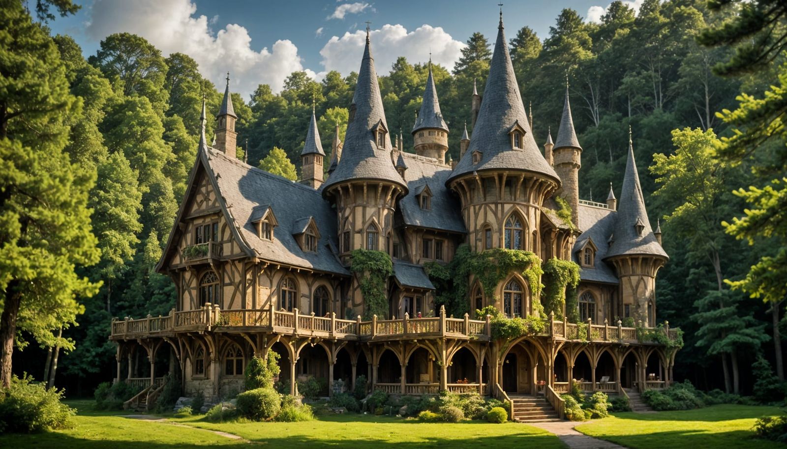 Mystical Elven Castle Amidst Serene Pine Woods