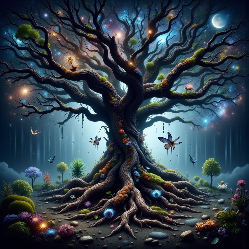 Colossal Ancient Tree Reaching for Galaxy in Surreal Style
