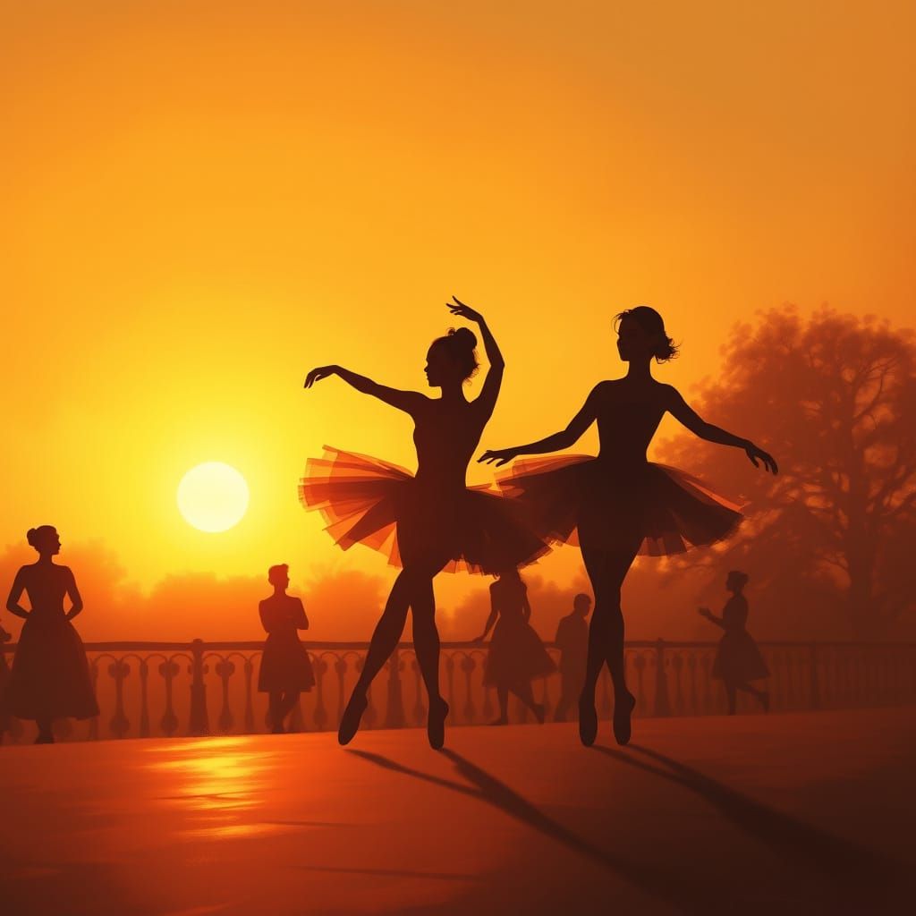 Ballerina Silhouettes Dancing in Golden Hour Sunset