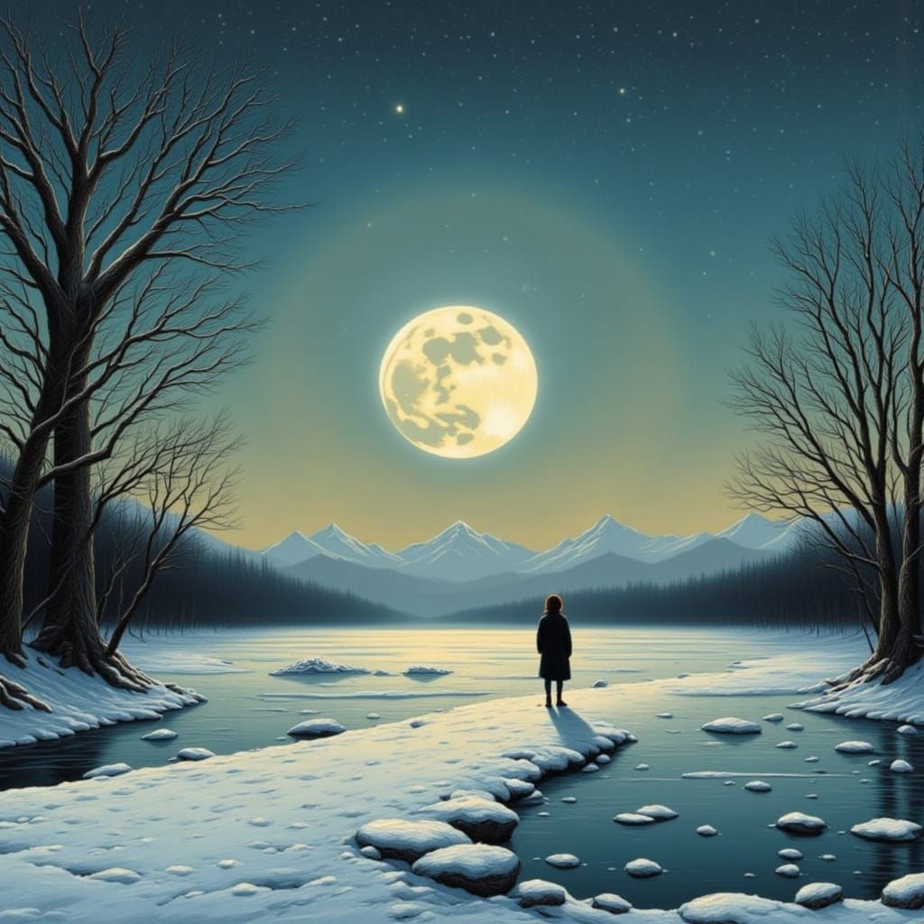 Woman Gazing at Crescent Moon Over Winter Lake