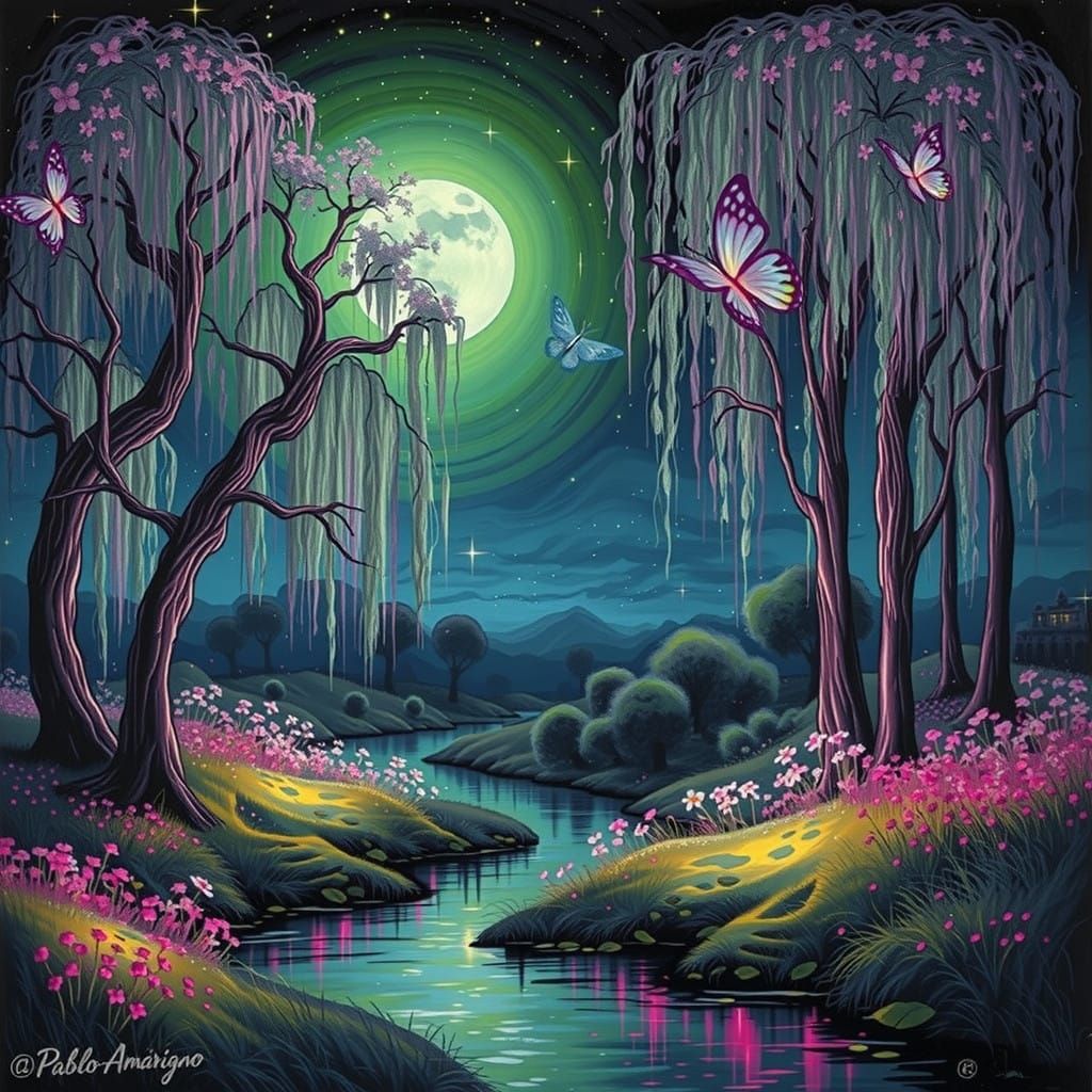 Peaceful Cosmic Night Scene with Twisted Willows and Biolumi...