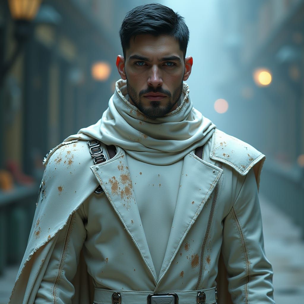 Dystopian Guild Agent in White Uniform with Distressed Linin...