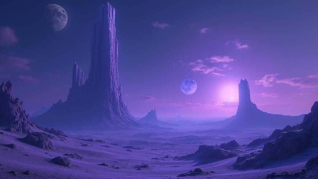 Alien Desert with Crystalline Structures Under Two Moons