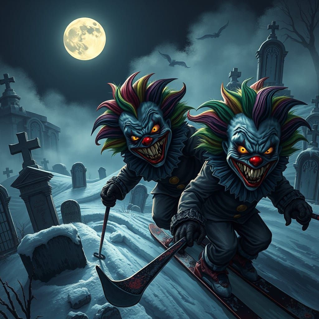 Sinister Clown Children Skiing Through a Haunted Graveyard a...