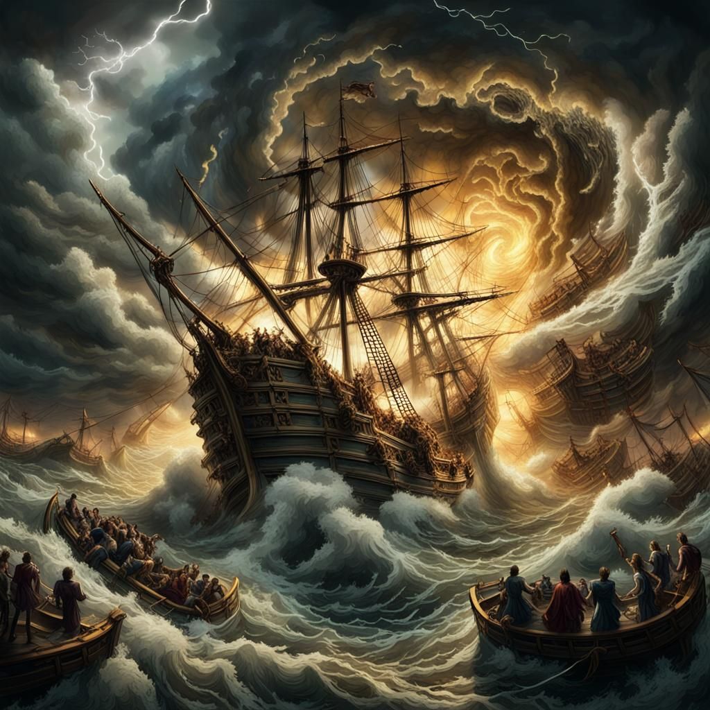 Galleon Sinking in Maelstrom: Dark Fantasy Illustration