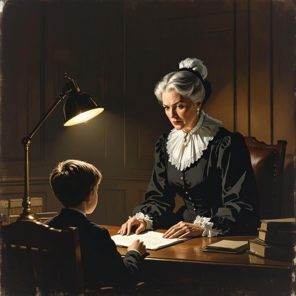 Stern Headmistress Lectures Boy in Dim Office