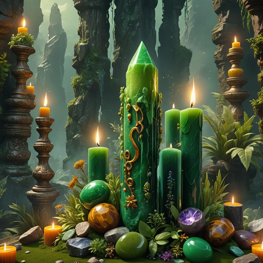 Ornate Green Candle with Gemstones, Detailed Matte Painting