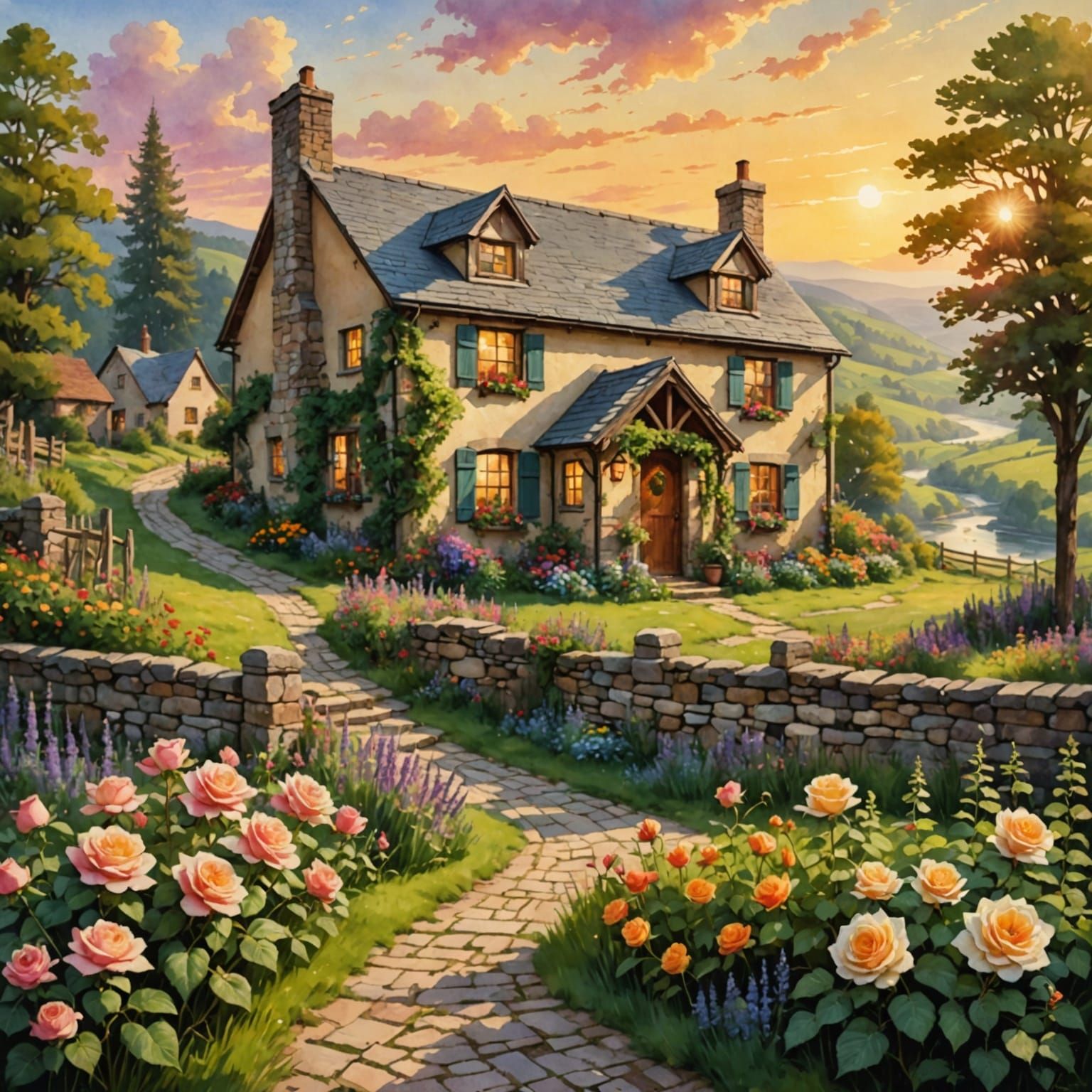 Idyllic Cottage in Watercolor Landscape