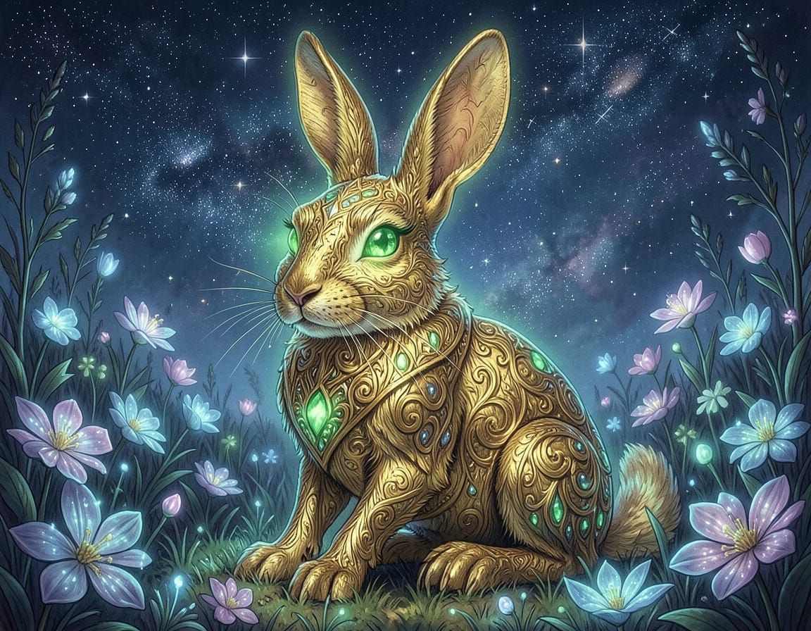 Golden Rabbit with Emerald Eyes in Bioluminescent Field