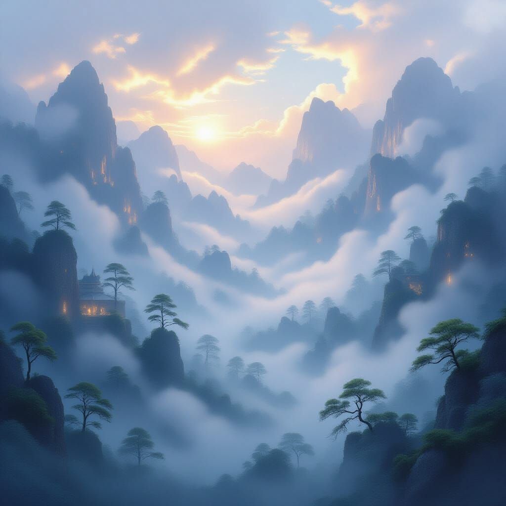 Ethereal Fantasy Landscape with Glowing Mist