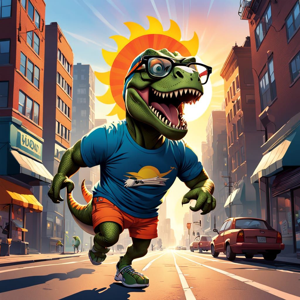Retro-Style T Rex Runs Morning Jog in City Streets