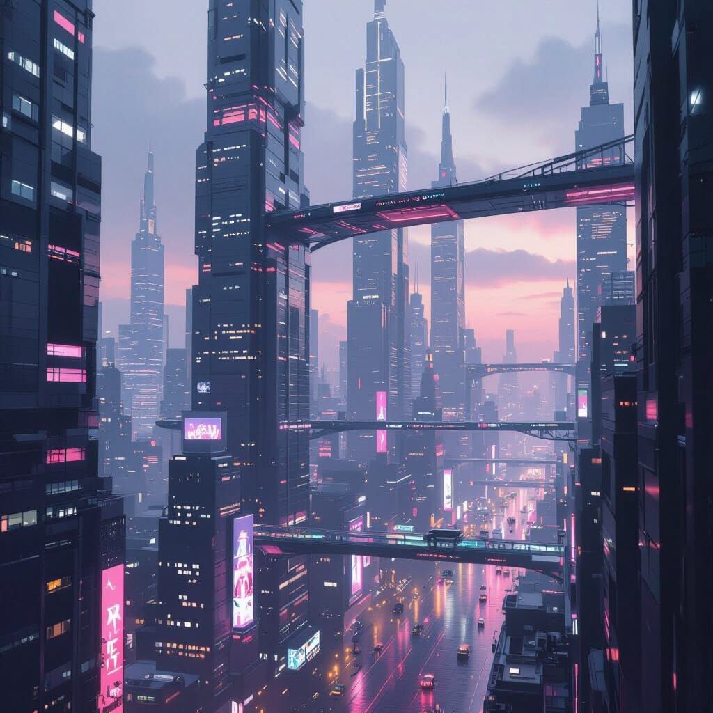 Futuristic Cityscape in Grey and Pink Tones