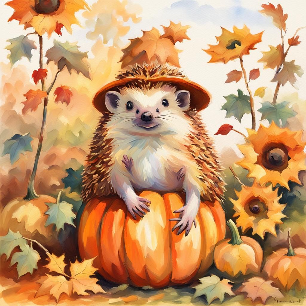 Hedgehog on Pumpkin in Impressionist Autumn Landscape