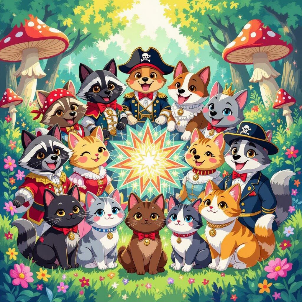 Animals in Kaleidoscope, Gouache Detailed Painting