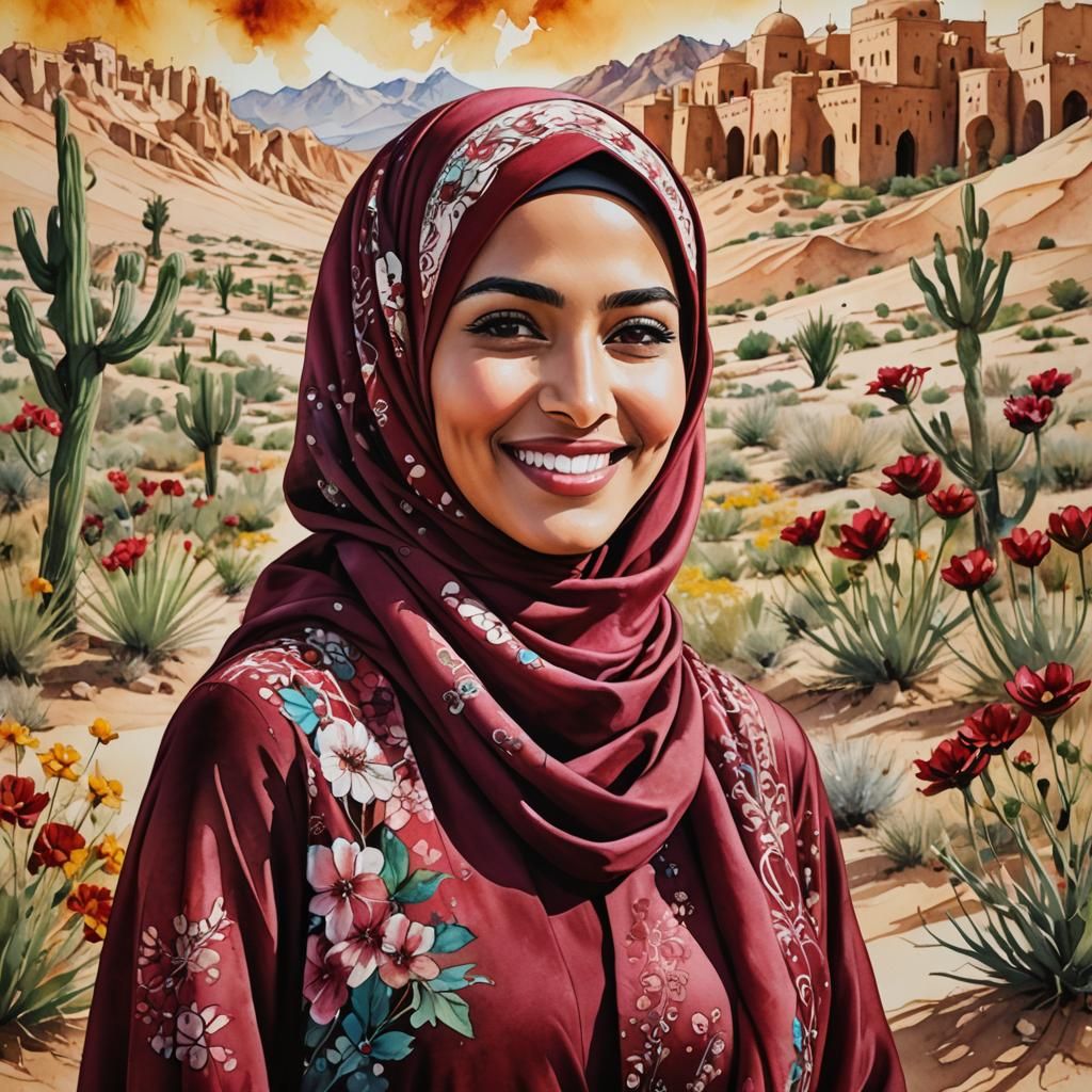 Arab Woman in Red Hijab: Magical Realism Portrait