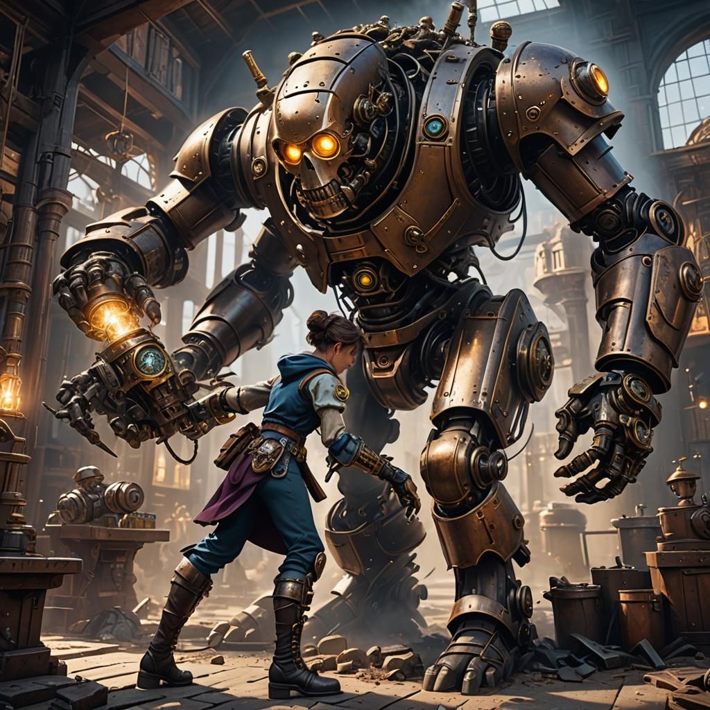 Steampunk Artificer Repairs Combat Golem: Detailed Matte Pai...
