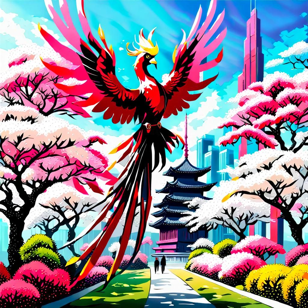 Phoenix in Neo Tokyo Garden: Digital Art