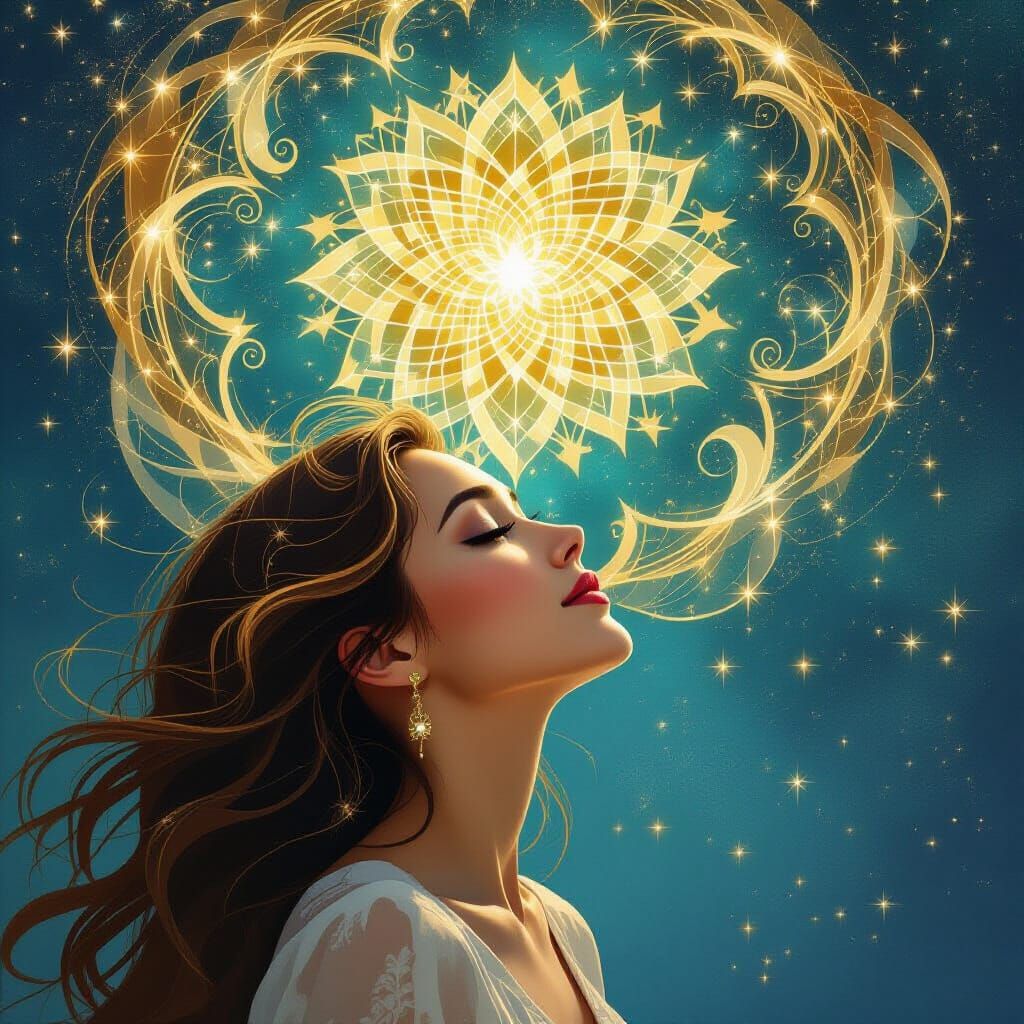 Woman Gazes at Cosmic Mandala in Art Deco Style