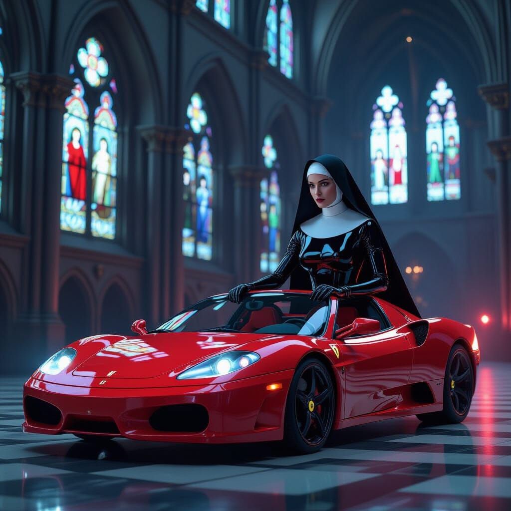 Nun in Latex Catsuit Drives Ferrari in Gothic Cathedral
