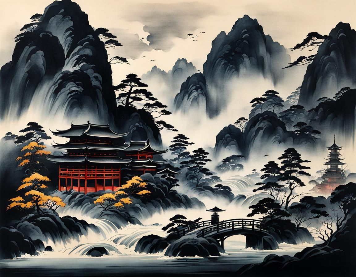 Dark Fantasy Japanese Landscape in Ink Style