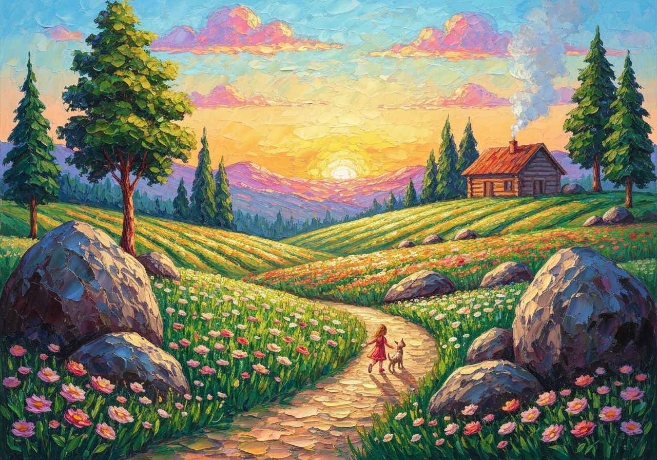 Vibrant Sunrise Over Terraced Fields in Impasto Style