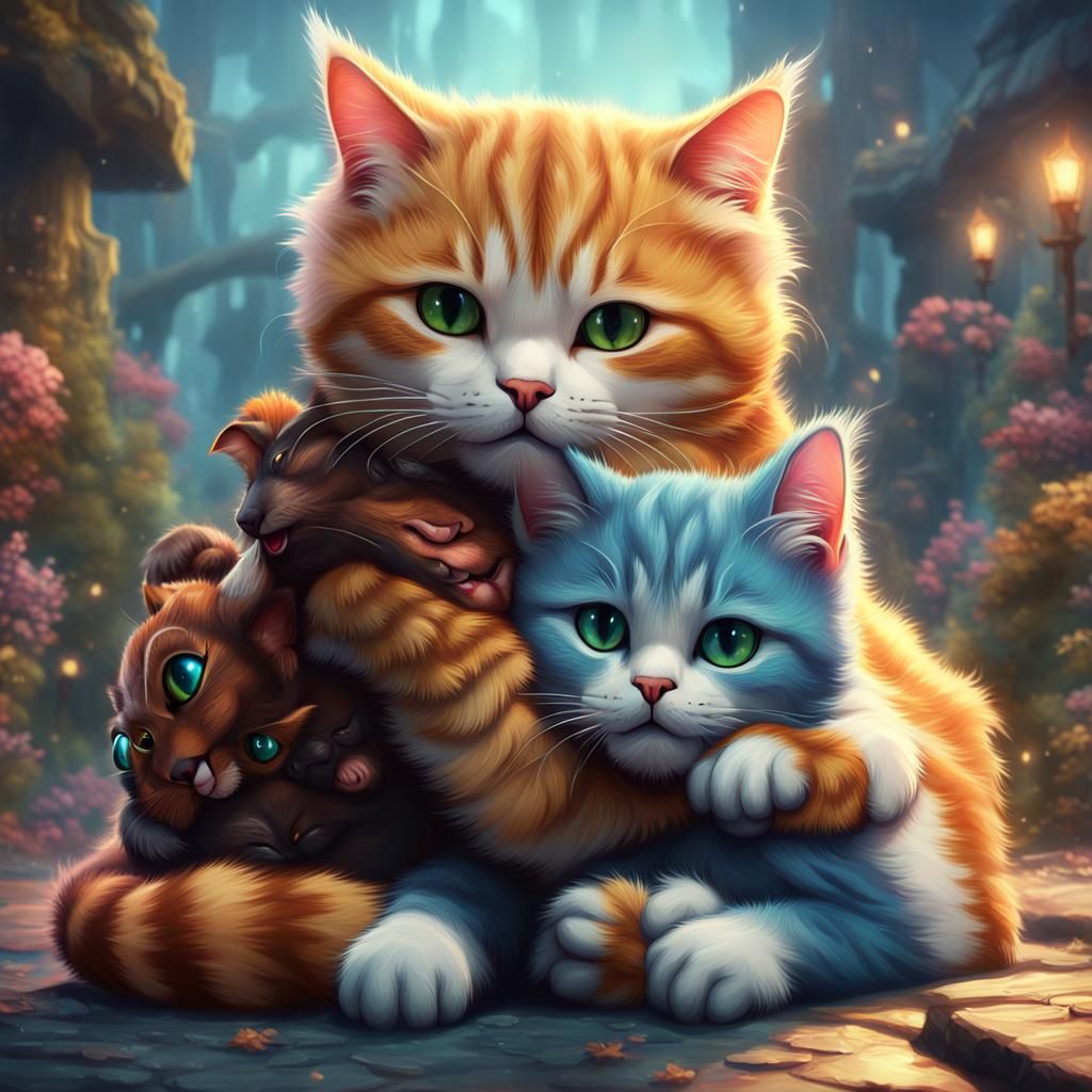 Two Cute Cats Hugging in Detailed Digital Art