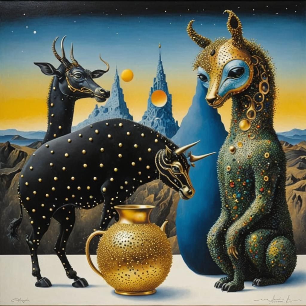 Kinetic Pointillism Dada Metal Animals in Surreal Style