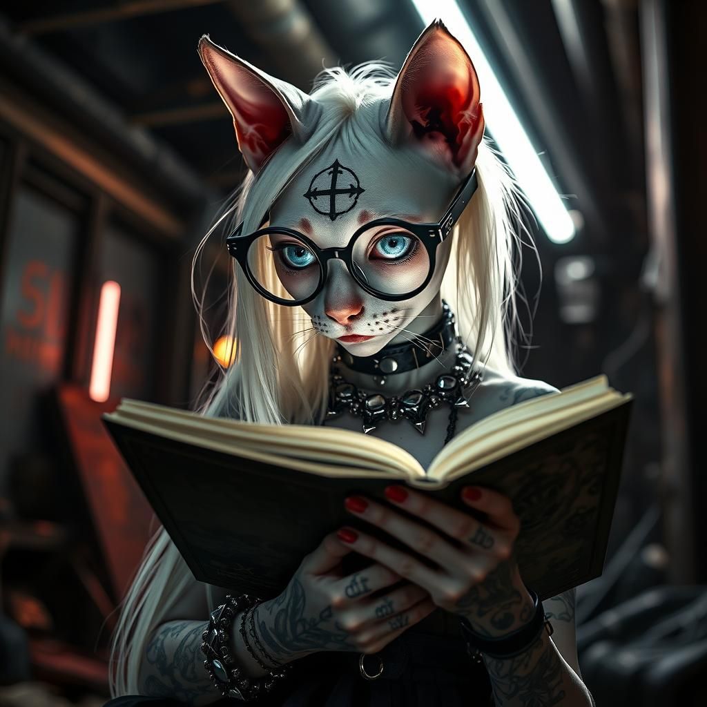 Gothic-Punk Cat Girl Reading in Cyberpunk Style