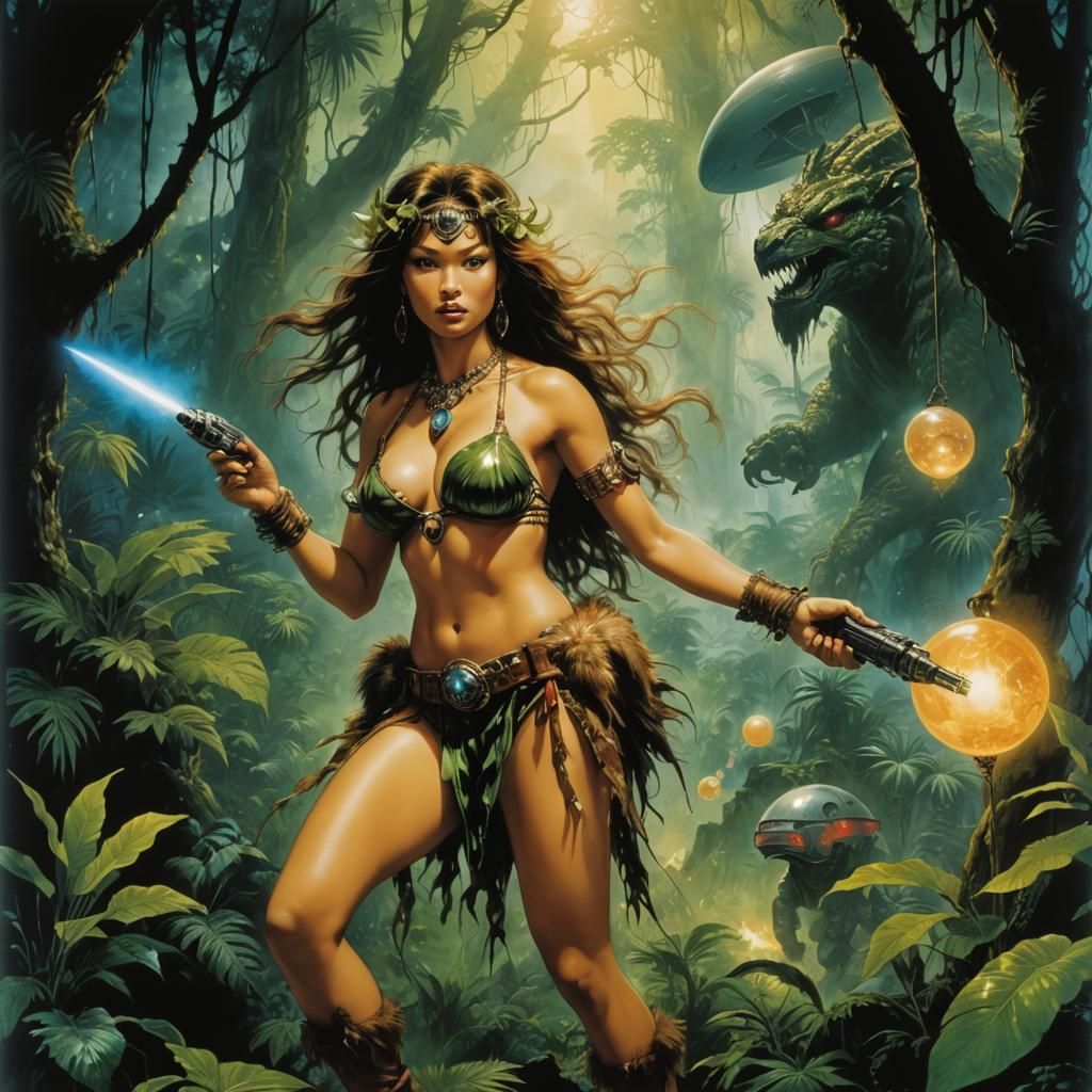 Cavewoman and Spacecraft in Jungle, Alcohol Ink Art